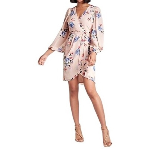 Express Floral Faux Wrap Tulip Hem Dress, Pink Print, Size Large - Picture 1 of 9